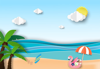 Fototapeta na wymiar Summer beach palm trees on the beach with blue sky.Paper art style.