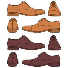 Set of colored illustrations with classic mens shoes. Isolated vector objects on white background.