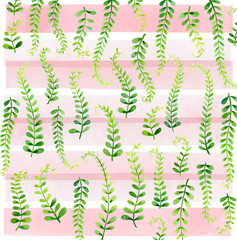 watercolor illustration of natural pattern with green branches on gentle pink stripes
