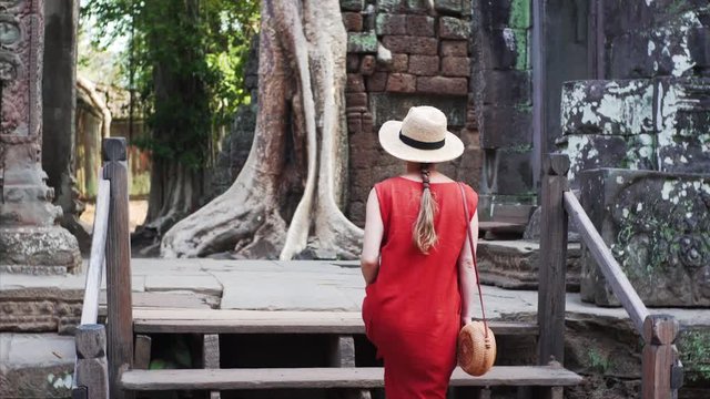 Attractive young woman walking through the temple morning. Woman in the red dress admiring the temple in Cambodia, Angkor, Ta Prohm Temple. 