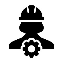Gear icon vector female construction worker person profile avatar with hardhat helmet in flat color glyph pictogram illustration