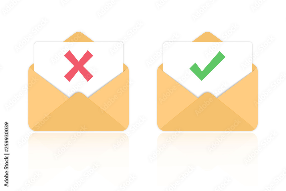 Poster Open letter rejectioned and approved. Opened envelope and document with red mark and round green check mark icon