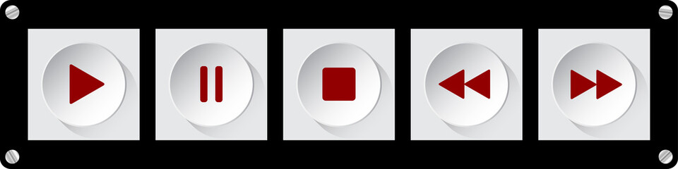 red, white music control buttons with screws
