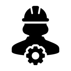 Naklejka premium Cogwheel icon vector female construction worker person profile avatar with hardhat helmet in flat color glyph pictogram illustration