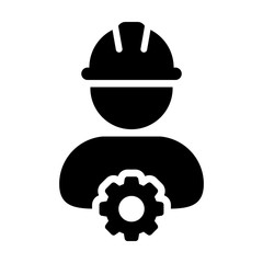 Workman icon vector male construction worker person profile avatar with gear cogwheel and hardhat helmet in flat color glyph pictogram illustration