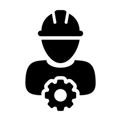 Worker icon vector male construction person profile avatar with gear cogwheel and hardhat helmet in flat color glyph pictogram illustration
