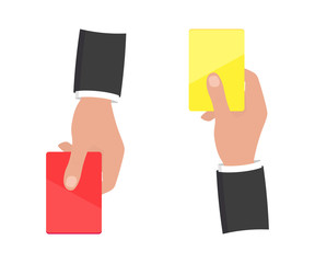 hand with red and yellow card. Red and yellow card of football. Soccer referees hand