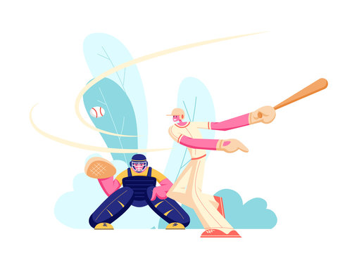 Young Men Athlete Characters in Uniform Playing Baseball at Championship Competition. Batter Hitter Hitting Ball and Catcher Prepare to Get it. Sport Players in Action Cartoon Flat Vector Illustration