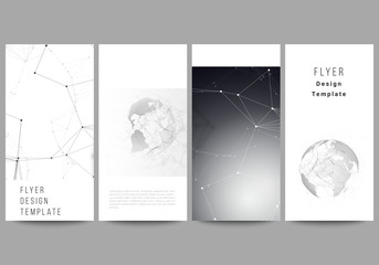 Vector layout of flyer, banner design templates. Futuristic geometric design with world globe, connecting lines and dots. Global network connections, technology digital concept.