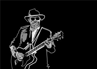 Guitar player with hat and glasses. Guitarist performs on stage. Musical black and white vector illustration.