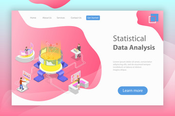 Flat isometric vector landing page template of statictical data analysis and analytics, audit report, company performance analysis.
