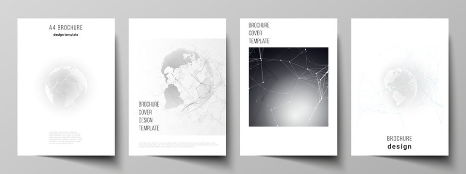 Vector layout of A4 format cover mockups design templates for brochure, flyer, booklet. Futuristic design with world globe, connecting lines and dots. Global network connections, technology concept.