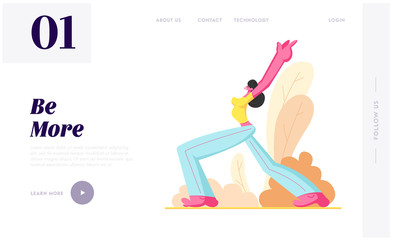 Young Woman in Sports Wear Training Outside, Female Character Doing Lunge, Hands Rising Up Side View, Sport and Healthy Life, Website Landing Page, Web Page. Cartoon Flat Vector Illustration, Banner