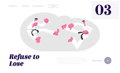 Sportsmen Characters in Kimono and Black Belts Fighting and Practicing Combat Competition, Karate Air Kick, Sports Lifestyle Website Landing Page, Web Page. Cartoon Flat Vector Illustration, Banner