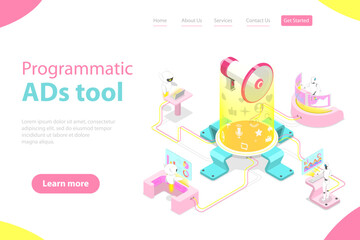 Flat isometric vector landing page template of programmatic advertising, social media campaign, automated digital marketing.