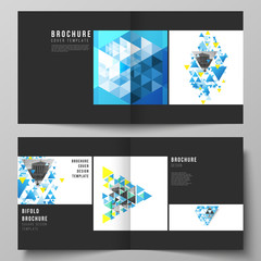 The vector illustration of editable layout of two covers templates for square design bifold brochure, magazine, flyer, booklet. Blue color polygonal background with triangles, colorful mosaic pattern.