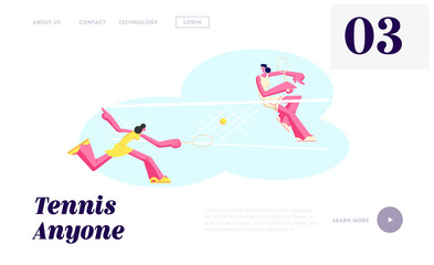 Couple of Female Tennis Players in Motion during Tournament Competition Hitting Ball with Rackets over Basket. Sport Section Website Landing Page, Web Page. Cartoon Flat Vector Illustration, Banner
