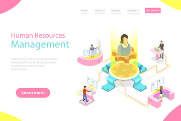 Isometric flat vector landing page template of employee search service, headhunting, recruitment, HR manager review.