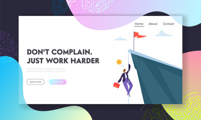 Businessman Climbing on Top of Hill with Flag for Financial Wealth. Character Getting Mountain Peak for Business Goal Achievement Concept, Leadership, Motivation Landing Page. Flat Vector Illustration