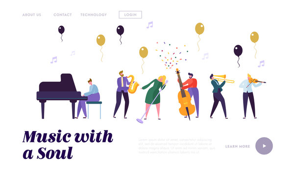 Group of Musician Artists, Popular Jazz Band Performing on Stage with Various Musical Instruments on Music Hall Stage. Entertainment Landing Page Template for Website. Cartoon Flat Vector Illustration