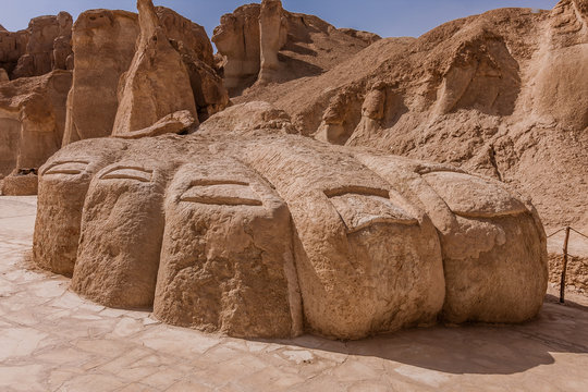 A giant foot sculpture near Al Khobar Caves (Jebel Qarah), Al Hofuf, Saudi Arabia