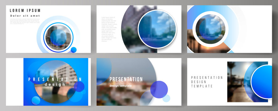 The minimalistic abstract vector illustration of the editable layout of the presentation slides design business templates. Creative modern blue background with circles and round shapes.