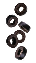 Falling black olives set isolated on white background