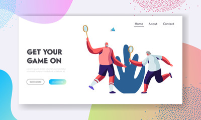 Aged Sportsmen Couple Spend Time Together in Park Playing Badminton Outdoors. Senior People Healthy Lifestyle and Sport Life. Website Landing Page, Web Page. Cartoon Flat Vector Illustration, Banner