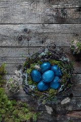 Easter blue eggs in a nest with moss on a rustic wooden background
