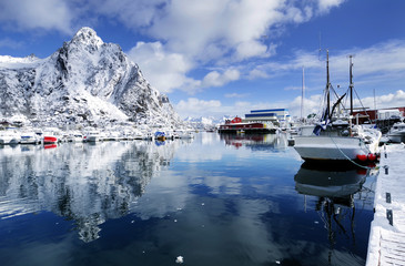 Harbor of Svolvaer resort in winter time, Lofoten Archipelago, Norway, Europe