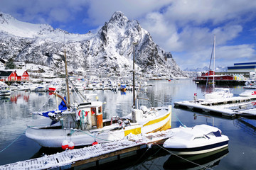 View to the harbor of Svolvaer resort in winter time, Lofoten Archipelago, Norway, Europe