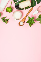Skin care product, natural cosmetic flat lay.
