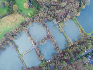 Aerial view of countryside, forest and farm field, lake with houses, Belgium, Bousval