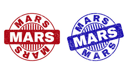 Grunge MARS round stamp seals isolated on a white background. Round seals with grunge texture in red and blue colors. Vector rubber watermark of MARS label inside circle form with stripes.