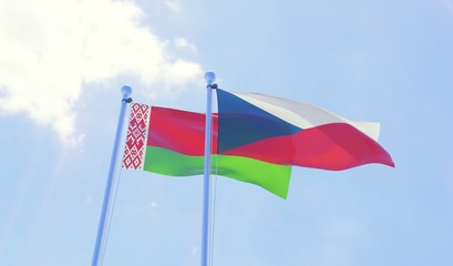 Czech Republic and Belarus, two flags waving against blue sky. 3d image