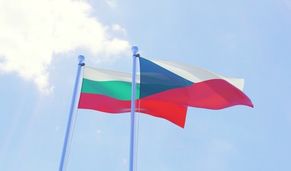Czech Republic and Bulgaria, two flags waving against blue sky. 3d image