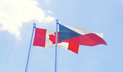 Czech Republic and Canada, two flags waving against blue sky. 3d image