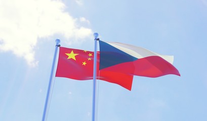Czech Republic and China, two flags waving against blue sky. 3d image
