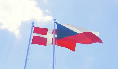 Czech Republic and Denmark, two flags waving against blue sky. 3d image
