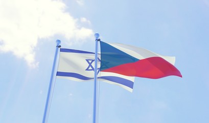 Czech Republic and Israel, two flags waving against blue sky. 3d image