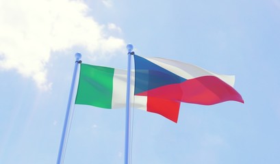 Czech Republic and Italy, two flags waving against blue sky. 3d image