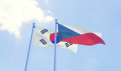 Czech Republic and South Korea, two flags waving against blue sky. 3d image