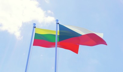 Czech Republic and Lithuania, two flags waving against blue sky. 3d image