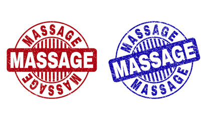 Grunge MASSAGE round stamp seals isolated on a white background. Round seals with grunge texture in red and blue colors. Vector rubber watermark of MASSAGE tag inside circle form with stripes.