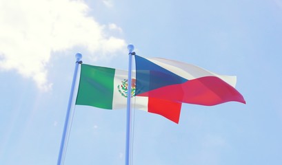 Czech Republic and Mexico, two flags waving against blue sky. 3d image