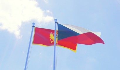 Czech Republic and Montenegro, two flags waving against blue sky. 3d image