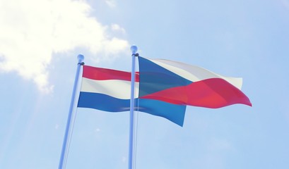 Czech Republic and Netherlands, two flags waving against blue sky. 3d image