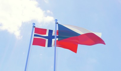 Czech Republic and Norway, two flags waving against blue sky. 3d image