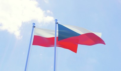 Czech Republic and Poland, two flags waving against blue sky. 3d image