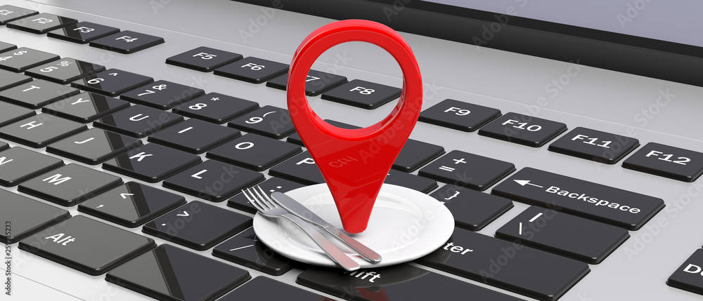 Aufkleber map pointer location and place setting on laptop. 3d illustration